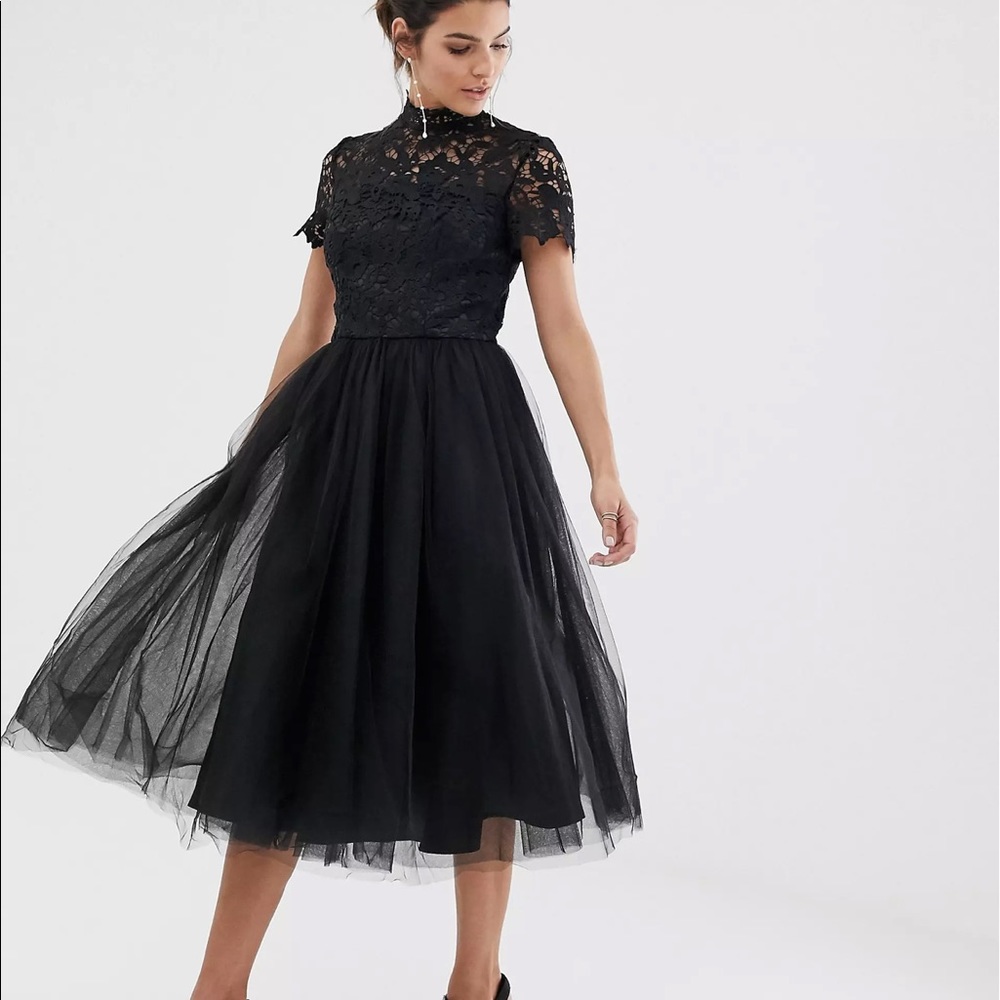 Chi Chi London Black Lace Tulle Tea-Length Dress